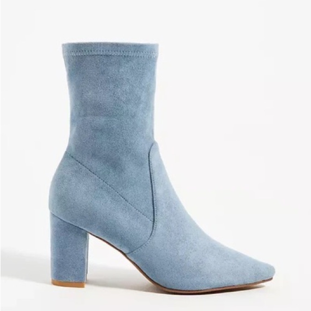 Blue suede Anthropologie booties.